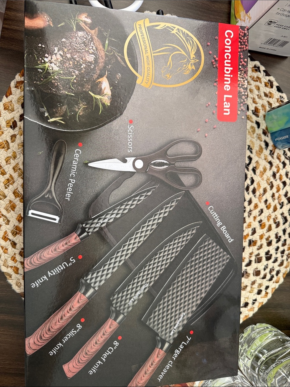 7-Piece Kitchen Knife Set in Black Blades with Brown Wood-Grain Handles